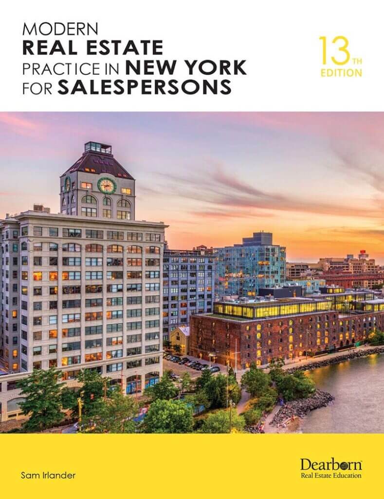 Modern Real Estate Practice in New York for Salespersons book cover, cityscape at sunset, 13th edition.
