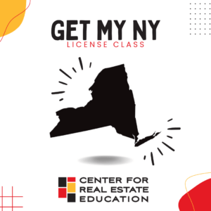 New York real estate license promotion with state map and Center for Real Estate Education logo.