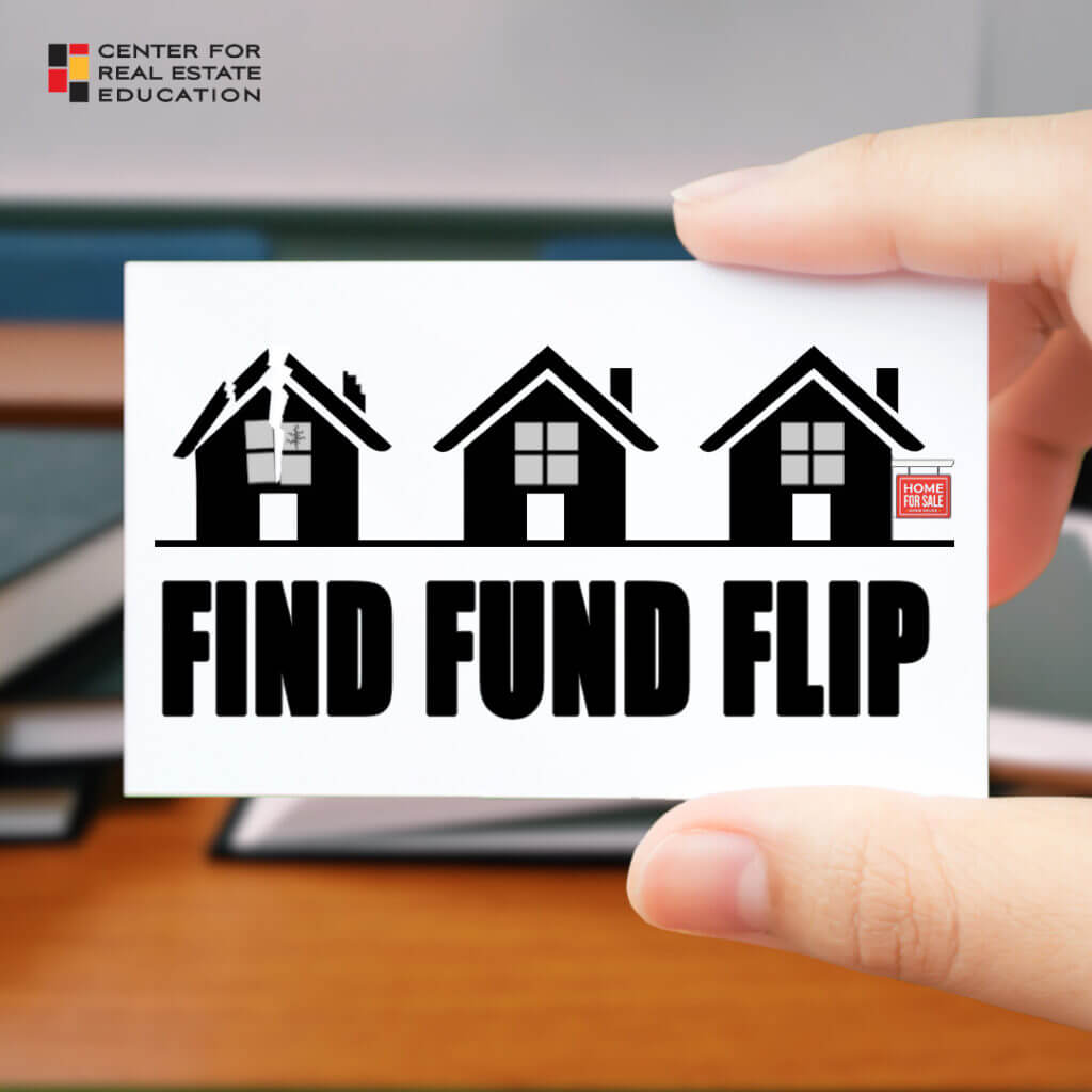Find Fund Flip course logo with house icons, real estate education concept, Center for Real Estate Education.
