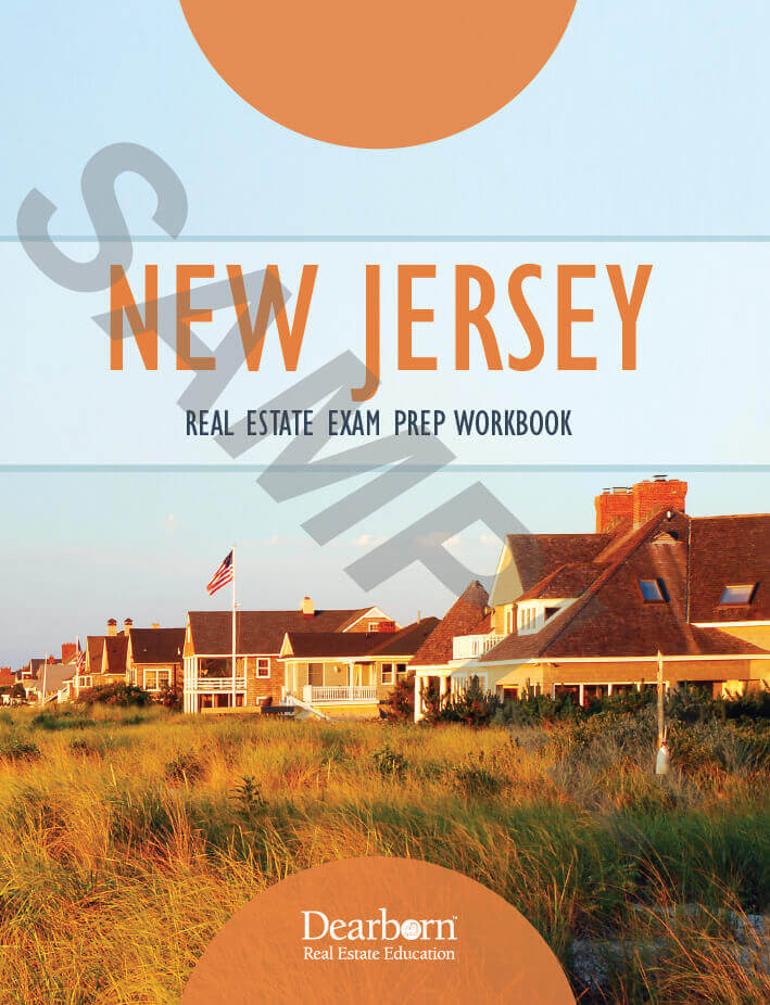New Jersey Real Estate Exam Prep Book Cover with Coastal Homes and American Flag.