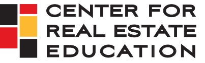 Center for Real Estate Education logo with red, yellow, black blocks, modern design, real estate school branding.