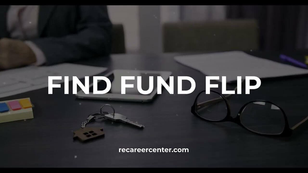 Find Fund Flip video thumbnail with text, glasses, keys, and website URL recareercenter.com on a desk.