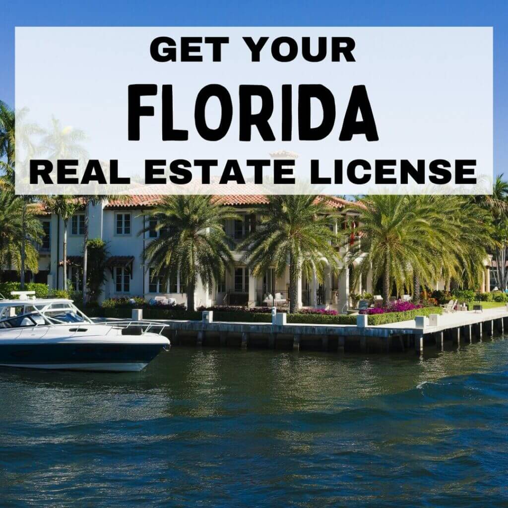 Get your Florida real estate license, luxury waterfront home with palm trees and yacht, sunny day.