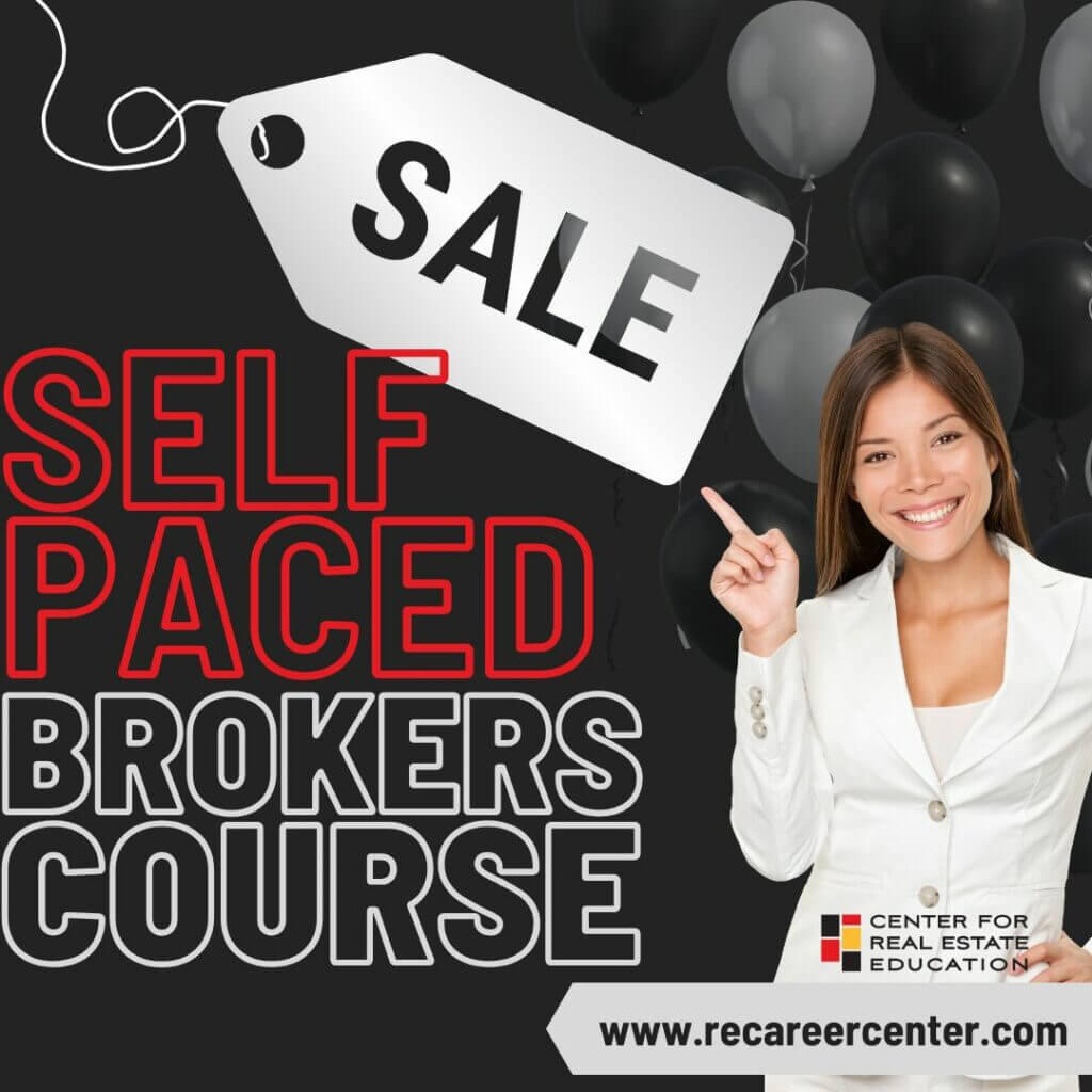 Self-paced broker course sale with smiling woman, black balloons, and Center for Real Estate Education logo.
