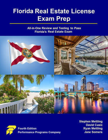 Florida Real Estate License Exam Prep Book Cover, Fourth Edition, with Florida flag and scenic images for exam success.