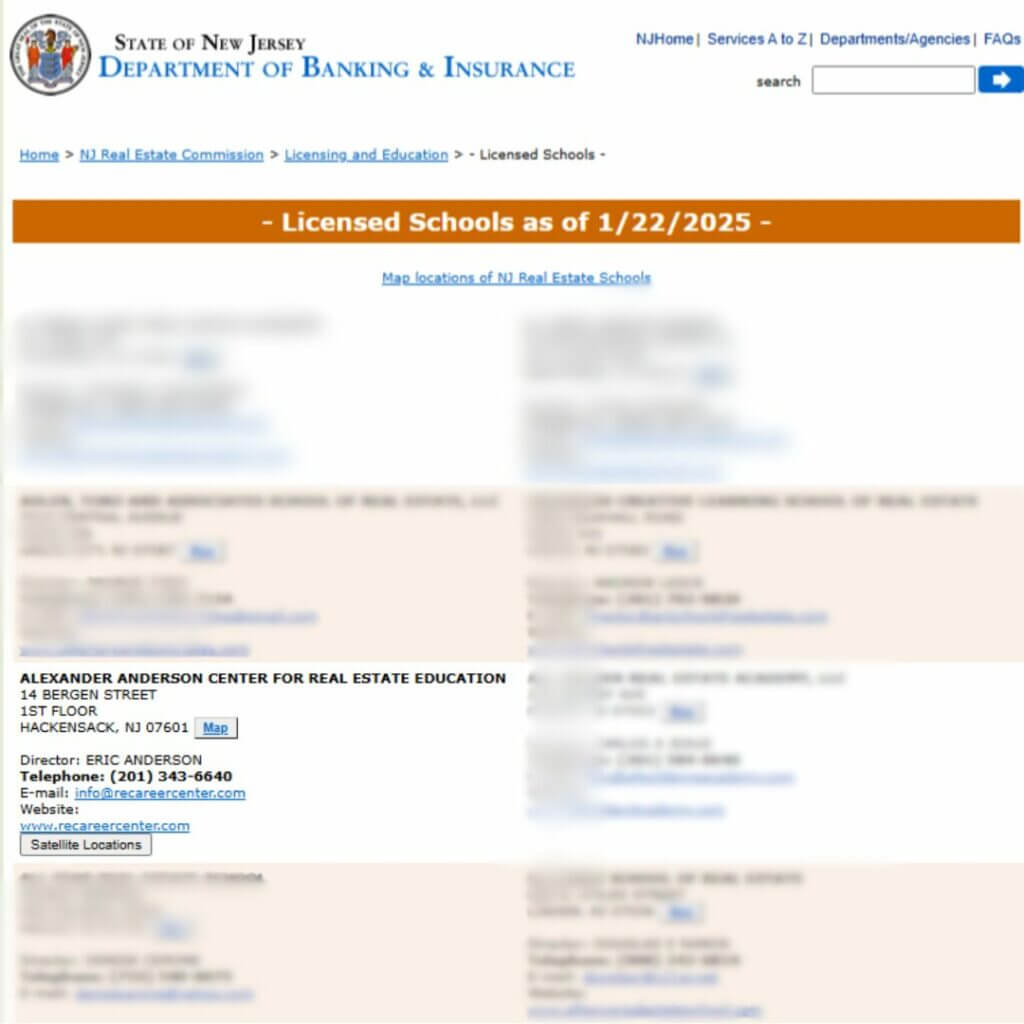 NJ Real Estate School List featuring Alexander Anderson Center, Hackensack, flexible courses, best real estate education NJ.