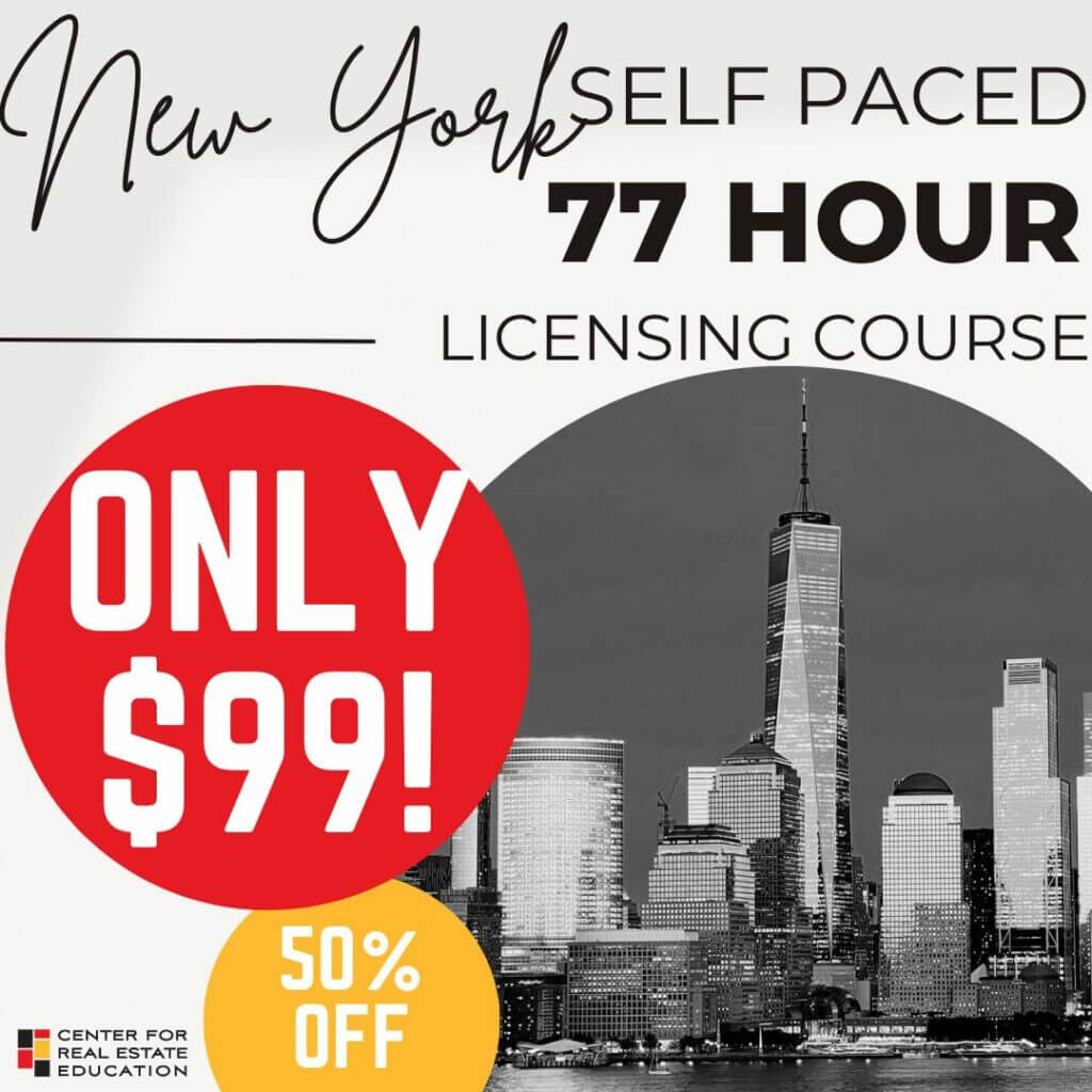 New York real estate licensing course ad, $99 offer, 77-hour self-paced, 50% discount, city skyline background.