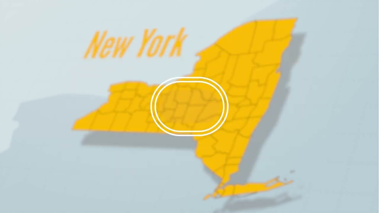 Map of New York state with highlighted central region, showing counties and geographic boundaries.